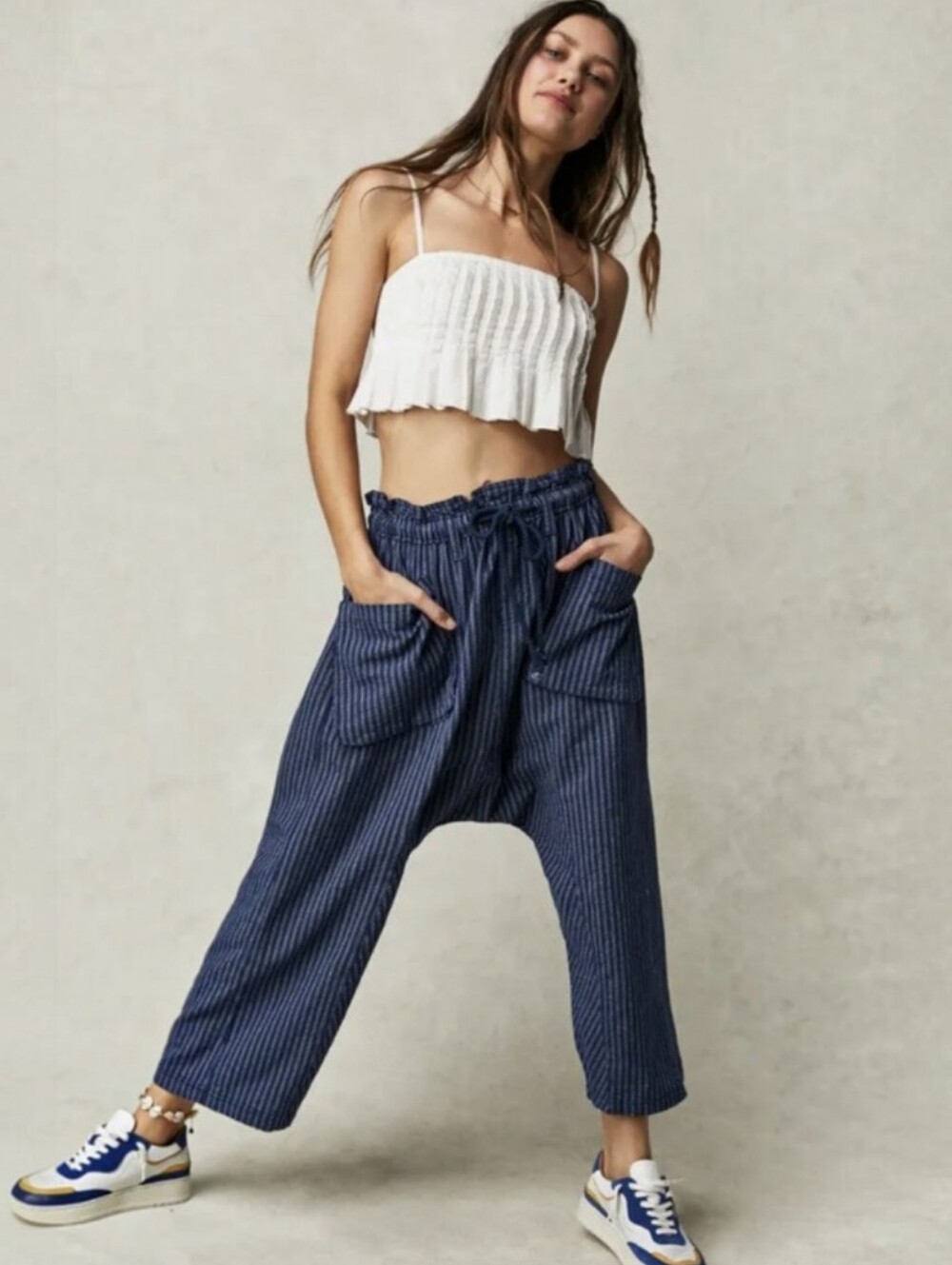 Free People Blue Striped Runyon Harem Pants, L Paperbag Waist Boho Slouchy